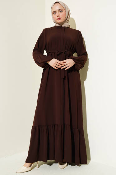 Bilek Büzgülü Kuşaklı Büyük Beden Ferace Kahve - Ferace