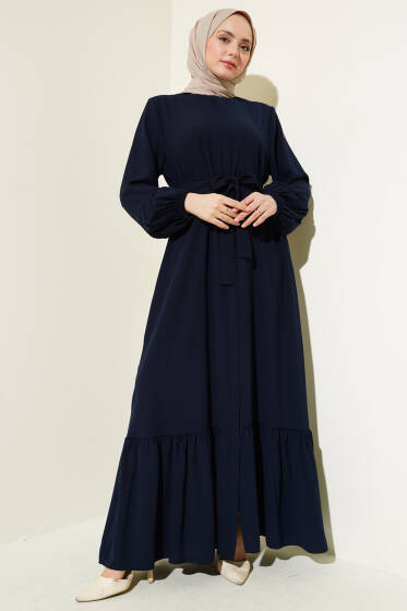 Bilek Büzgülü Kuşaklı Büyük Beden Ferace Lacivert - Ferace