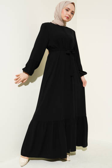 Bilek Büzgülü Kuşaklı Büyük Beden Ferace Siyah - Ferace