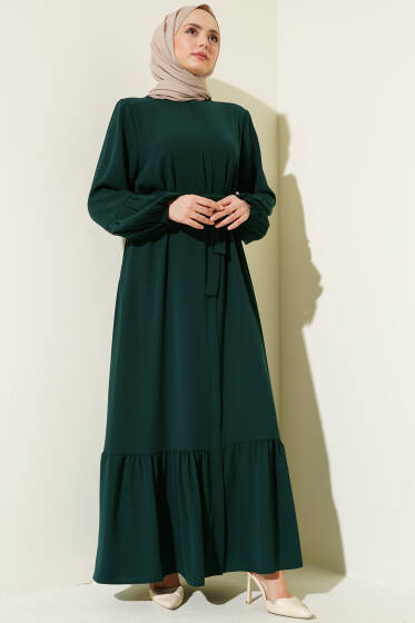 Bilek Büzgülü Kuşaklı Büyük Beden Ferace Zümrüt - Ferace