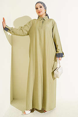 Bilek Çizgili Yarım Düğmeli Elbise Çağla Yeşili - POLO LIVE