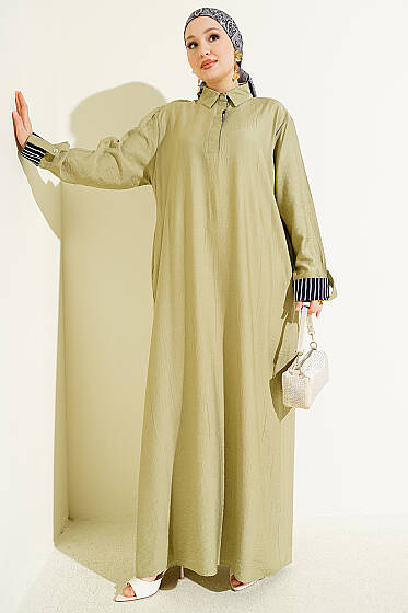 Bilek Çizgili Yarım Düğmeli Elbise Çağla Yeşili - Elbise