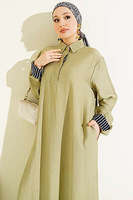 Bilek Çizgili Yarım Düğmeli Elbise Çağla Yeşili - Elbise