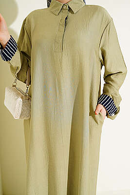 Bilek Çizgili Yarım Düğmeli Elbise Çağla Yeşili - Elbise