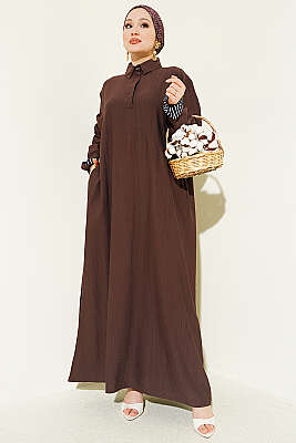 Bilek Çizgili Yarım Düğmeli Elbise Kahve - POLO LIVE