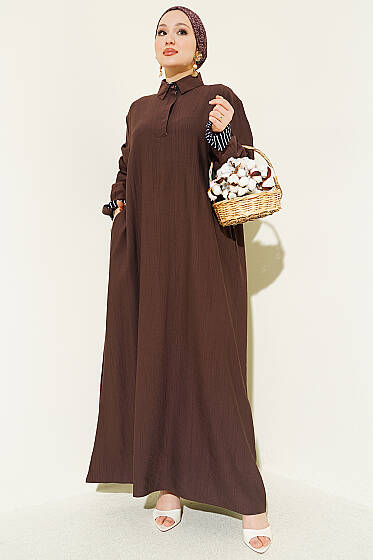 Bilek Çizgili Yarım Düğmeli Elbise Kahve - Elbise