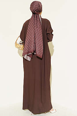 Bilek Çizgili Yarım Düğmeli Elbise Kahve - Elbise