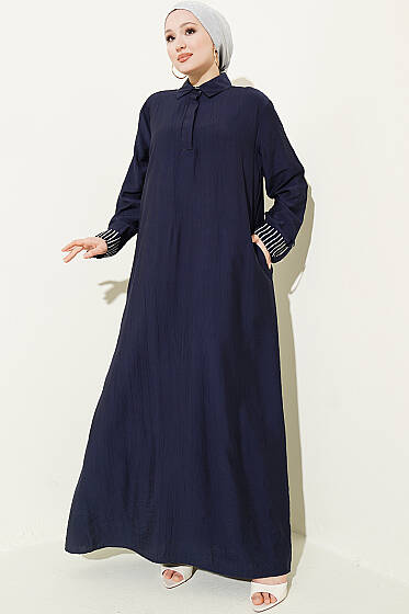Bilek Çizgili Yarım Düğmeli Elbise Koyu Lacivert - Elbise