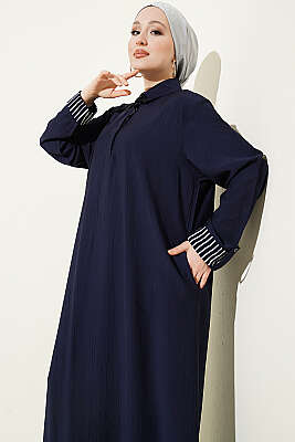 Bilek Çizgili Yarım Düğmeli Elbise Koyu Lacivert - Elbise