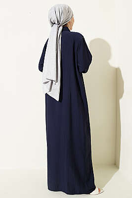 Bilek Çizgili Yarım Düğmeli Elbise Koyu Lacivert - Elbise