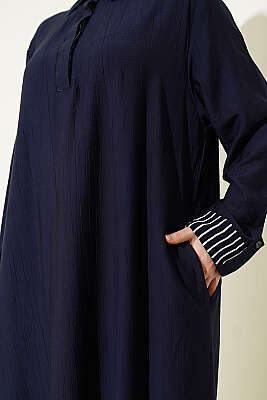 Bilek Çizgili Yarım Düğmeli Elbise Koyu Lacivert - Elbise