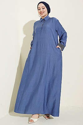 Bilek Çizgili Yarım Düğmeli Elbise Lacivert 