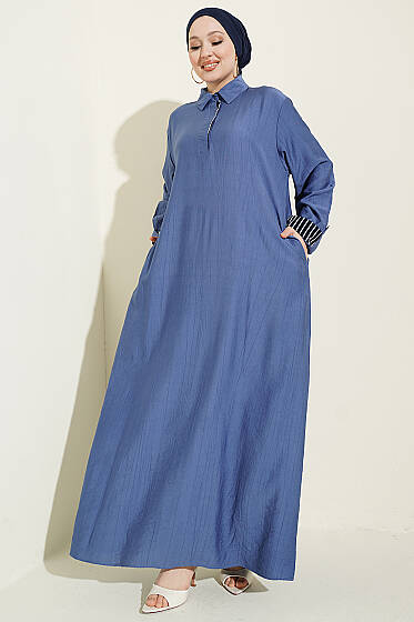 Bilek Çizgili Yarım Düğmeli Elbise Lacivert - Elbise