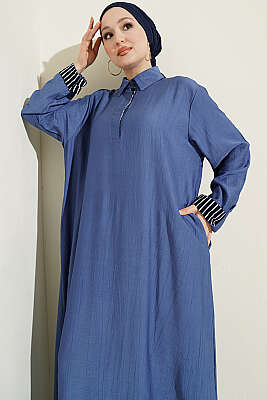 Bilek Çizgili Yarım Düğmeli Elbise Lacivert - Elbise