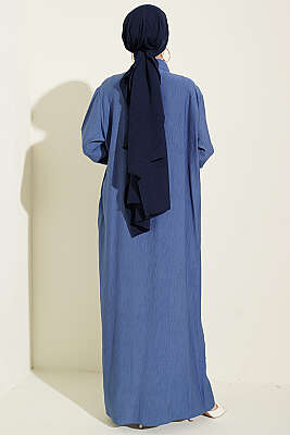 Bilek Çizgili Yarım Düğmeli Elbise Lacivert - Elbise