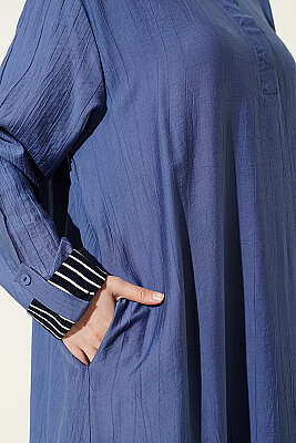 Bilek Çizgili Yarım Düğmeli Elbise Lacivert - Elbise