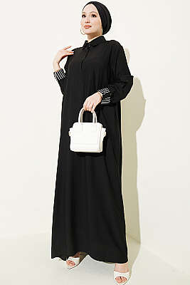 Bilek Çizgili Yarım Düğmeli Elbise Siyah - POLO LIVE