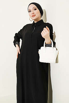 Bilek Çizgili Yarım Düğmeli Elbise Siyah - Elbise