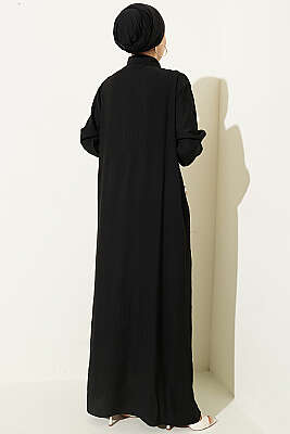 Bilek Çizgili Yarım Düğmeli Elbise Siyah - Elbise