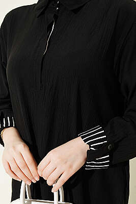 Bilek Çizgili Yarım Düğmeli Elbise Siyah - Elbise