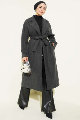 Bilek Düğme Detaylı Kruvaze Yaka Kaşe Kaban Füme - KİREMİT