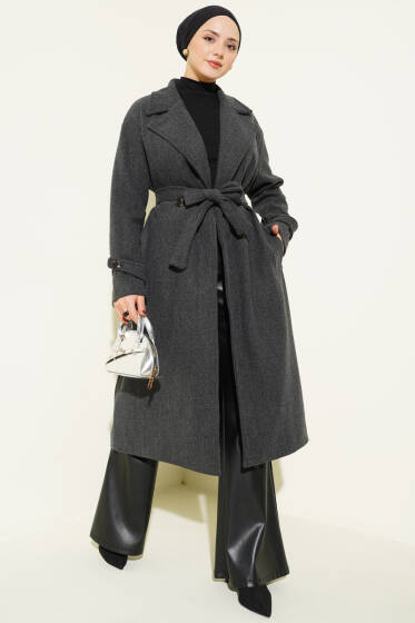 Bilek Düğme Detaylı Kruvaze Yaka Kaşe Kaban Füme - Kaban