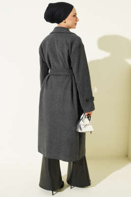 Bilek Düğme Detaylı Kruvaze Yaka Kaşe Kaban Füme - Kaban