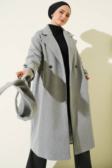 Bilek Düğme Detaylı Kruvaze Yaka Kaşe Kaban Gri - Kaban