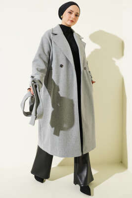 Bilek Düğme Detaylı Kruvaze Yaka Kaşe Kaban Gri - Kaban