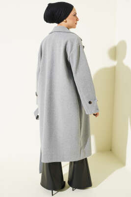 Bilek Düğme Detaylı Kruvaze Yaka Kaşe Kaban Gri - Kaban