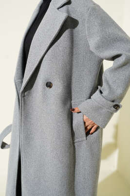 Bilek Düğme Detaylı Kruvaze Yaka Kaşe Kaban Gri - Kaban