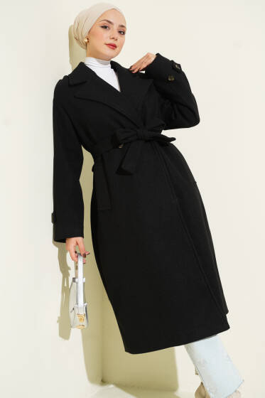 Bilek Düğme Detaylı Kruvaze Yaka Kaşe Kaban Siyah - Kaban