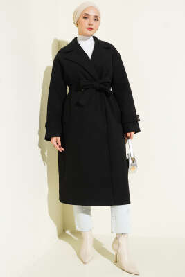 Bilek Düğme Detaylı Kruvaze Yaka Kaşe Kaban Siyah - Kaban