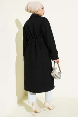 Bilek Düğme Detaylı Kruvaze Yaka Kaşe Kaban Siyah - Kaban