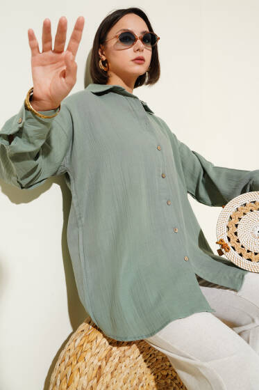 Bilek Düğmeli Basic Gömlek Çağla Yeşili - Gömlek