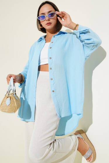 Bilek Düğmeli Basic Gömlek Mavi - Gömlek