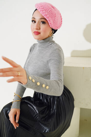 Bilek Düğmeli Boğazlı Fitilli Triko Kazak Gri - Triko Kazak