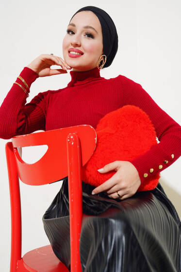 Bilek Düğmeli Boğazlı Fitilli Triko Kazak Kırmızı - Triko Kazak