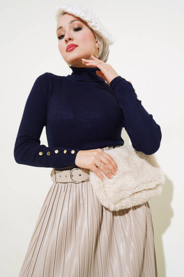 Bilek Düğmeli Boğazlı Fitilli Triko Kazak Lacivert - Triko Kazak