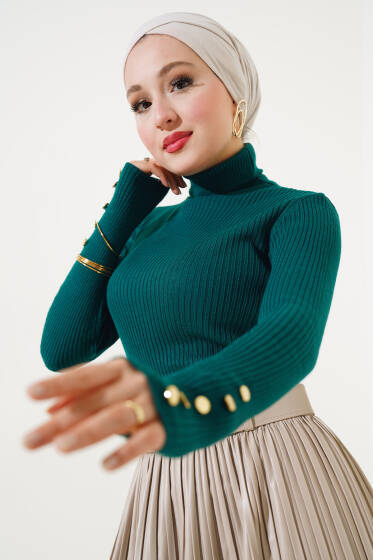 Bilek Düğmeli Boğazlı Fitilli Triko Kazak Nefti - Triko Kazak