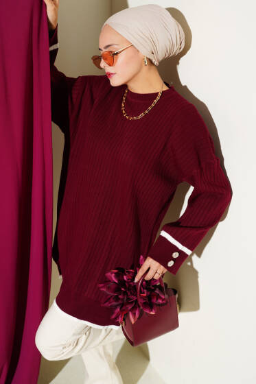 Bilek Düğmeli Fitilli Triko Tunik Bordo - Tunik
