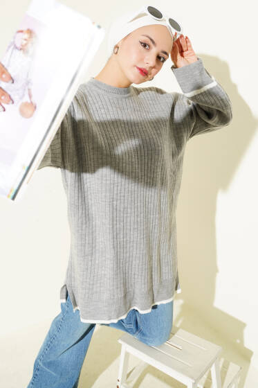 Bilek Düğmeli Fitilli Triko Tunik Gri - Tunik