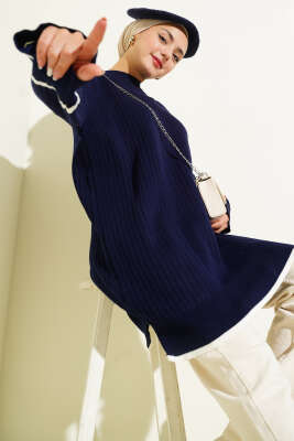 Bilek Düğmeli Fitilli Triko Tunik Lacivert 