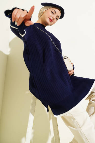 Bilek Düğmeli Fitilli Triko Tunik Lacivert - Yılın Fırsatı