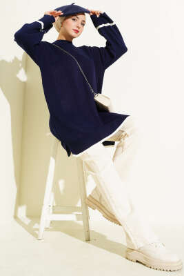 Bilek Düğmeli Fitilli Triko Tunik Lacivert - Yılın Fırsatı