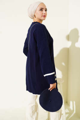 Bilek Düğmeli Fitilli Triko Tunik Lacivert - Yılın Fırsatı