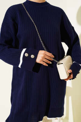 Bilek Düğmeli Fitilli Triko Tunik Lacivert - Yılın Fırsatı
