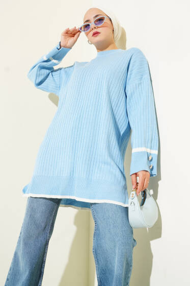 Bilek Düğmeli Fitilli Triko Tunik Mavi - Tunik