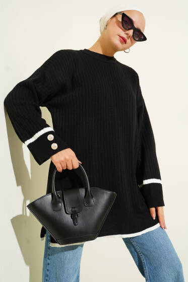 Bilek Düğmeli Fitilli Triko Tunik Siyah - Tunik