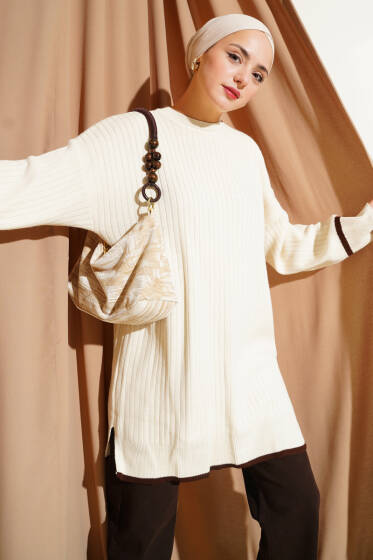 Bilek Düğmeli Fitilli Triko Tunik Taş - Tunik
